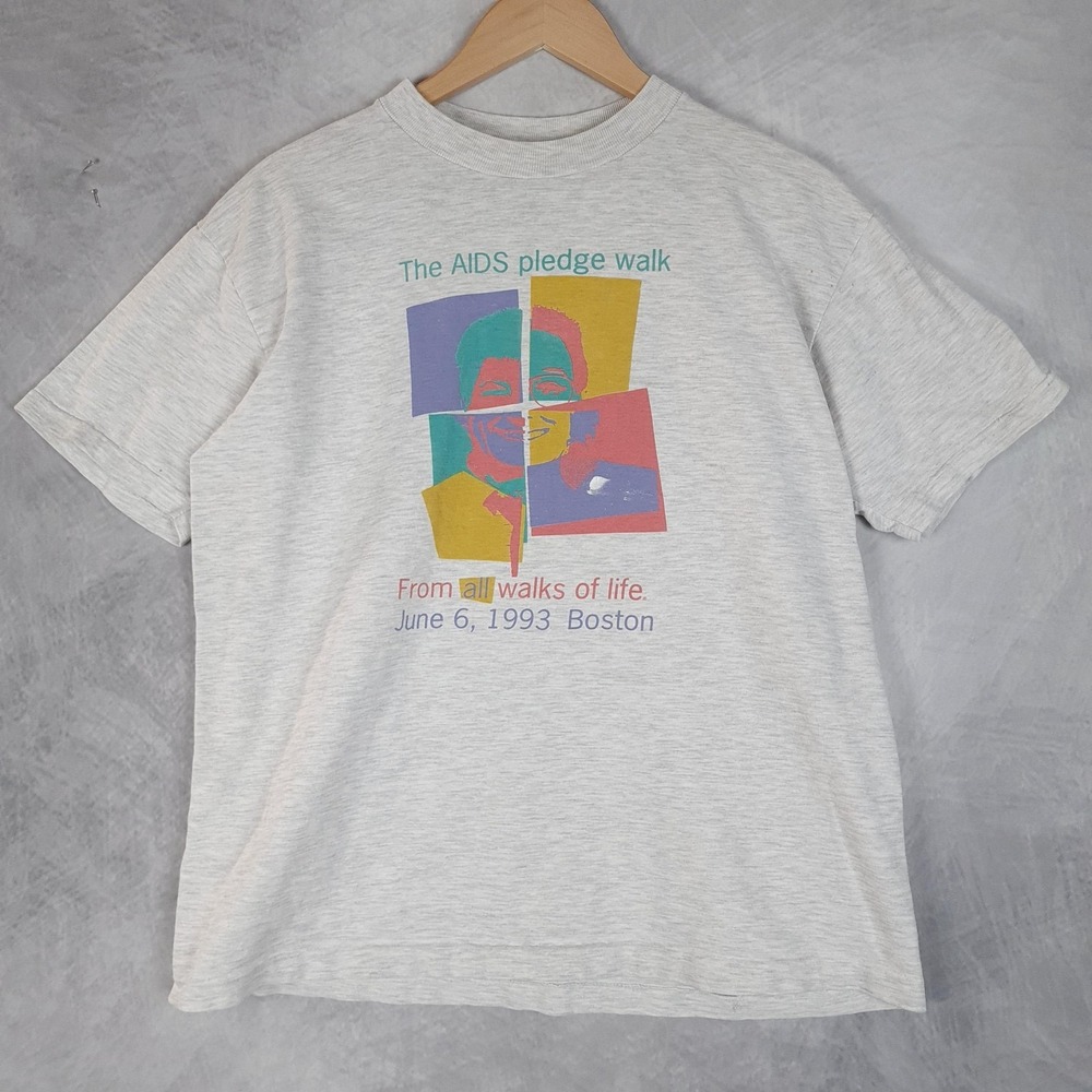 Vintage AIDS Walk Boston Shirt Mens Large Gray 1993 90s Single Stitch Graphic